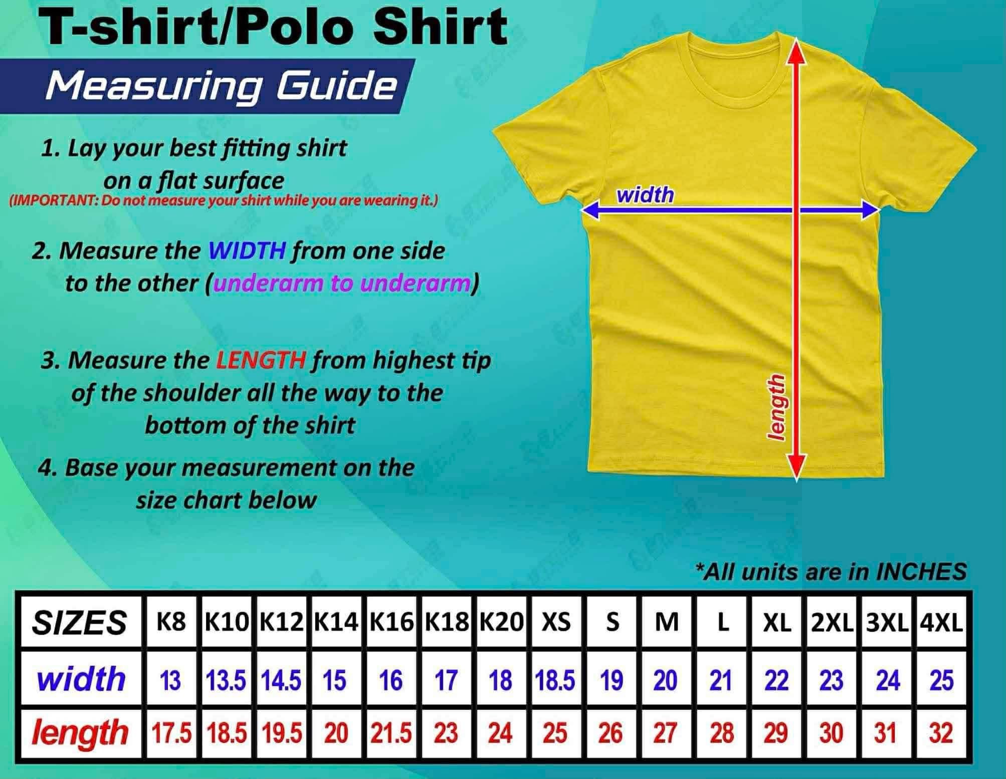 T-shirt measuring guide. Lay your best fitting shirt flat. Width is measured underarm to underarm. Length is measured from the highest tip of the shoulder to the bottom of the shirt. All units in inches.